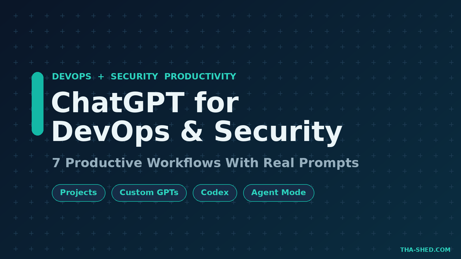 ChatGPT for DevOps and Security, 7 productive workflows, dark navy and teal branded graphic with plus pattern