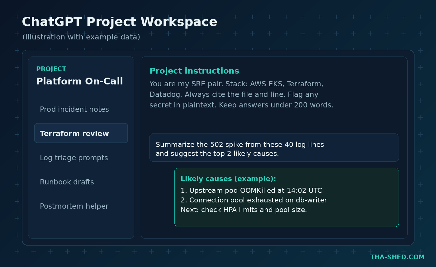 ChatGPT Project workspace illustration with example SRE on-call data