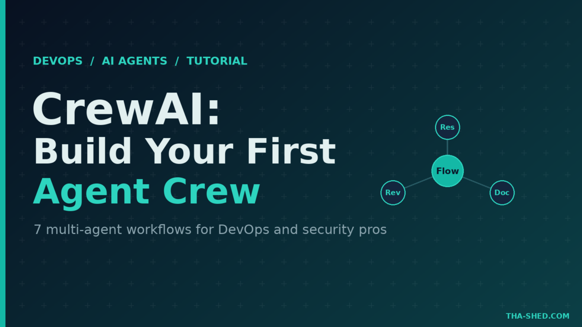 CrewAI tutorial, build your first agent crew, dark navy and teal branded graphic with plus pattern