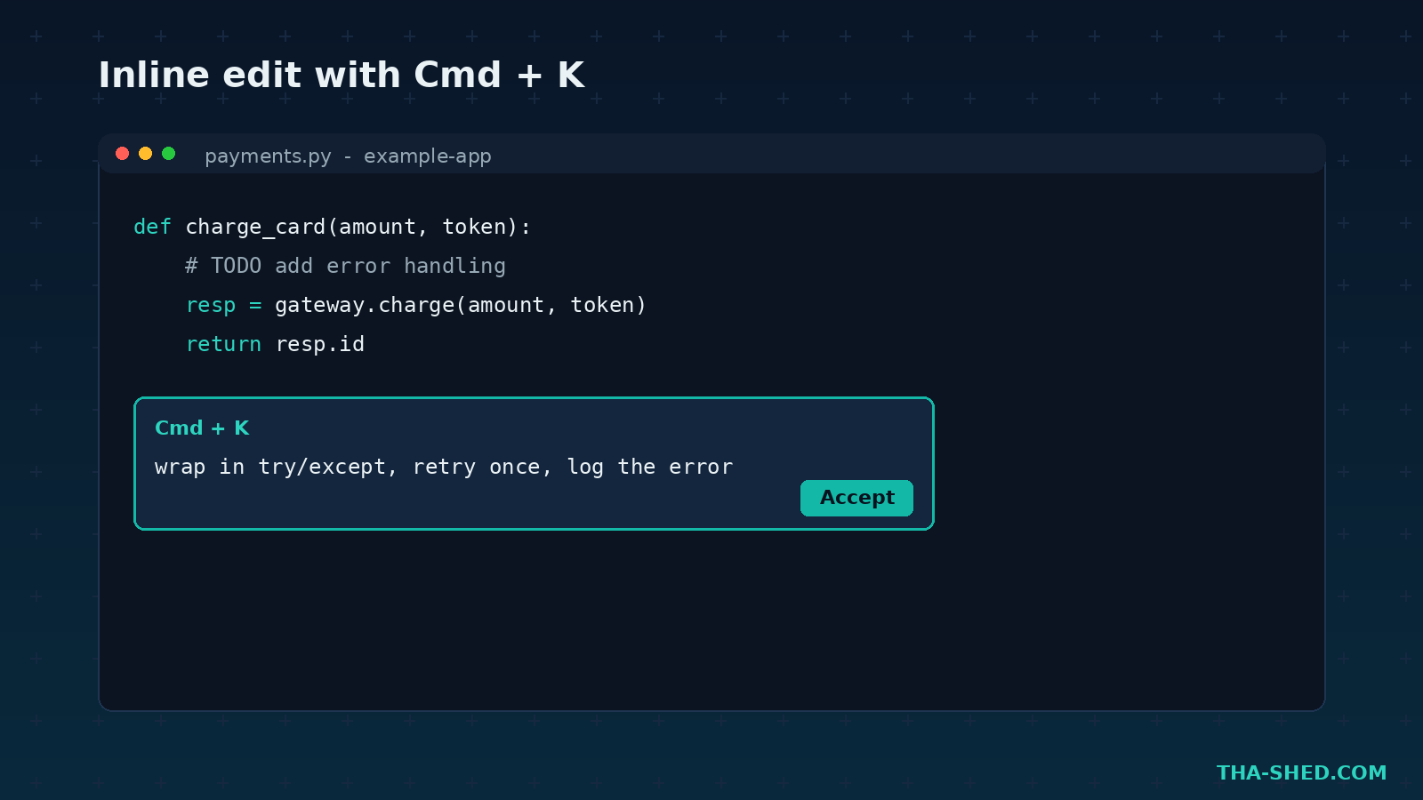 Cursor inline edit with Cmd plus K showing a code diff prompt, example data