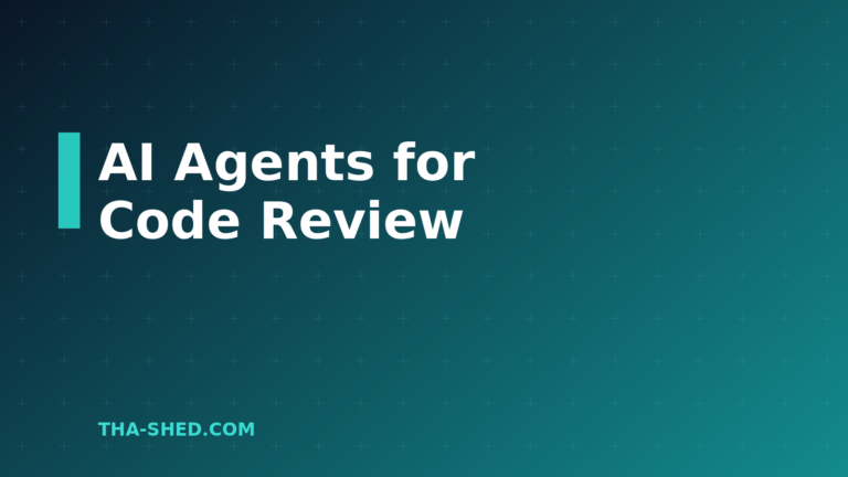 AI agents for code review, dark navy and teal branded graphic with plus pattern