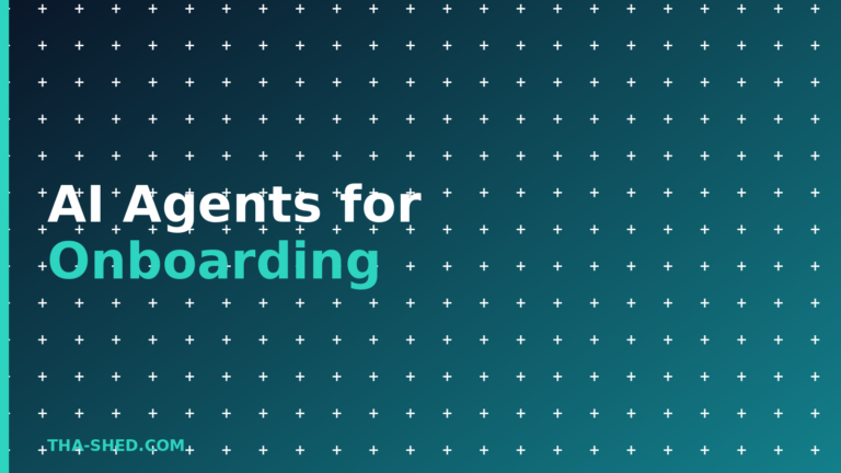 AI agents for onboarding, dark navy and teal Tha-Shed branded graphic with plus pattern