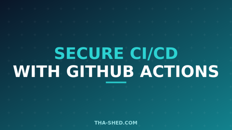 Secure CI/CD pipeline with GitHub Actions, dark navy and teal branded graphic with plus pattern