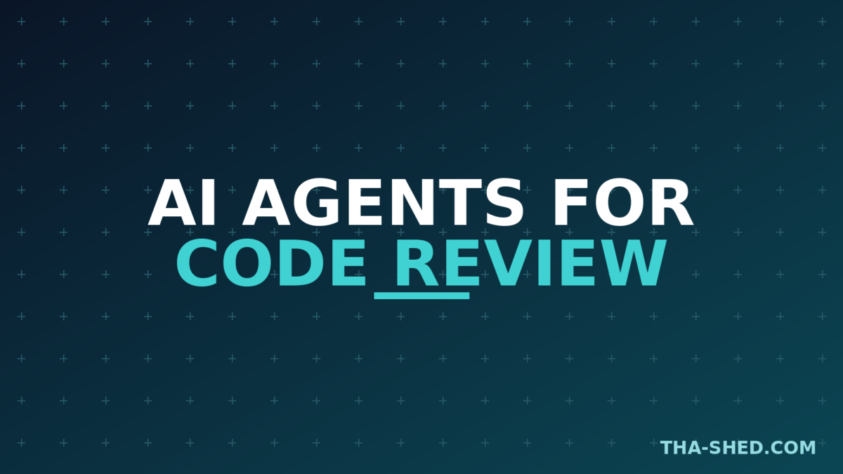 AI agents for code review, dark navy and teal branded graphic with plus pattern