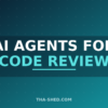 AI agents for code review crew, dark navy and teal branded graphic with plus pattern