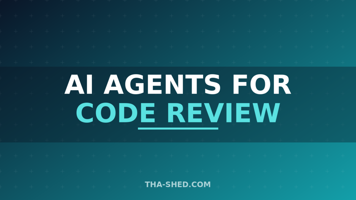 AI agents for code review crew, dark navy and teal branded graphic with plus pattern