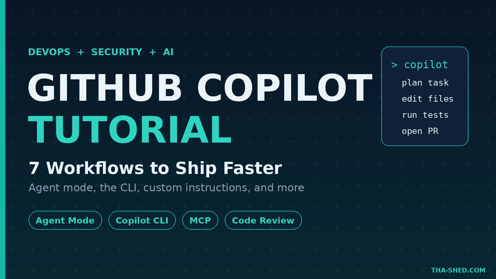 GitHub Copilot Tutorial: 7 workflows for DevOps and security, dark navy and teal branded graphic