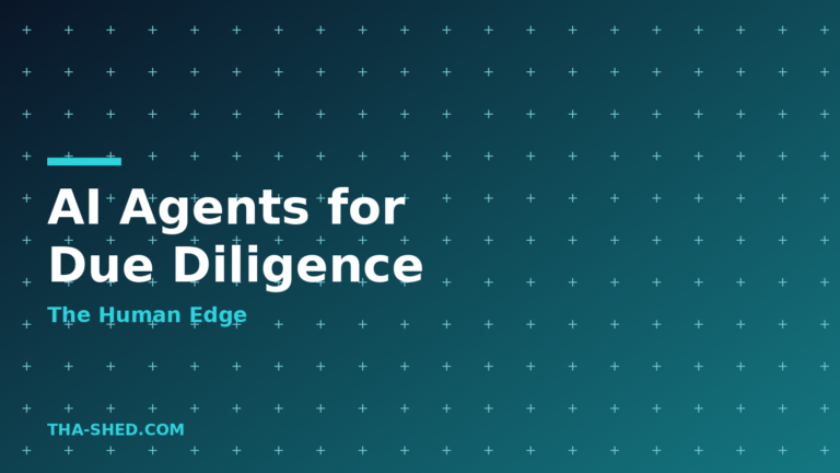 AI agents for M&A due diligence with a human in the loop, dark navy and teal branded graphic with plus pattern