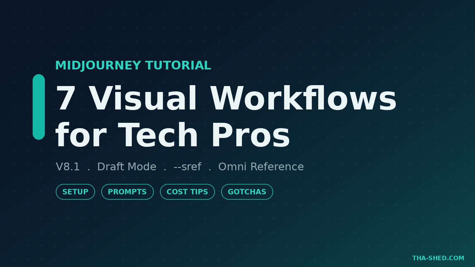 Midjourney tutorial: 7 visual workflows for tech pros, dark navy and teal Tha-Shed branded graphic with plus pattern