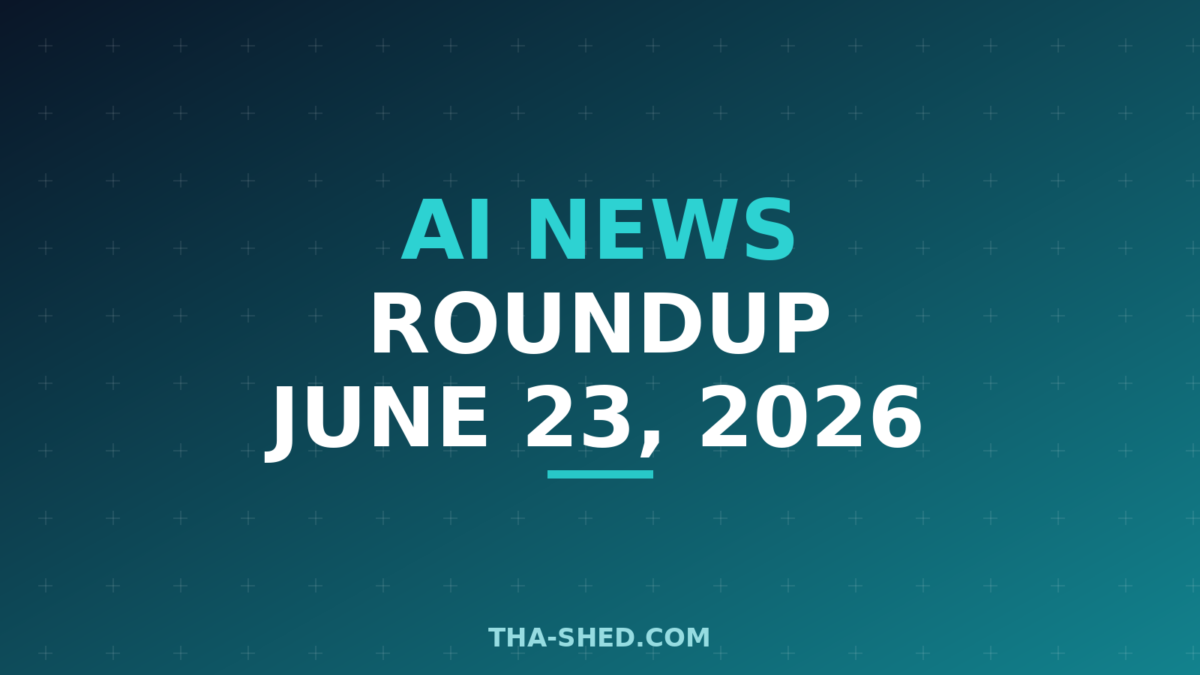 AI news roundup June 23 2026, dark navy and teal branded graphic with plus pattern