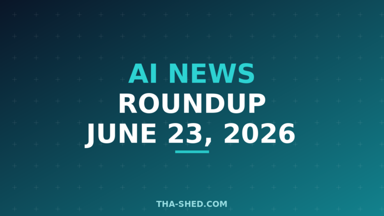 AI news roundup June 23 2026, dark navy and teal branded graphic with plus pattern
