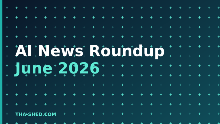 AI news roundup June 2026, dark navy and teal branded graphic with plus pattern