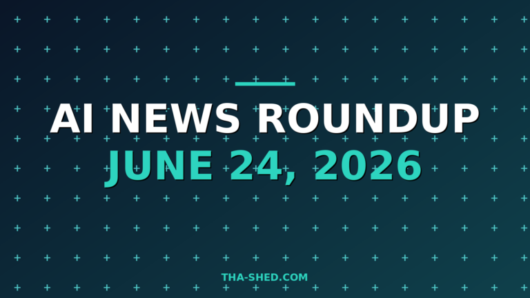 AI news roundup June 24 2026, dark navy and teal branded graphic with plus pattern