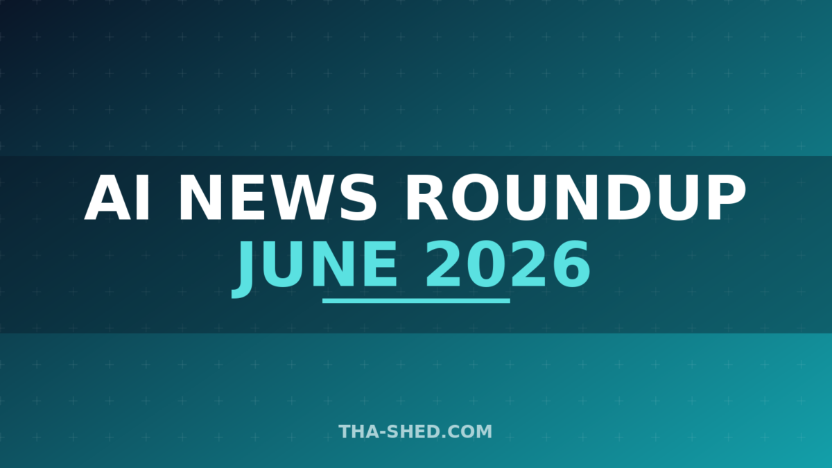 AI news roundup June 2026, dark navy and teal branded graphic with plus pattern