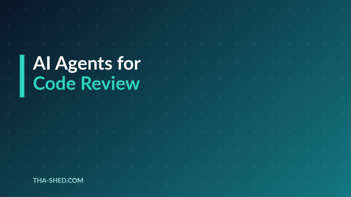 AI agents for code review workflow, dark navy and teal branded graphic with plus pattern