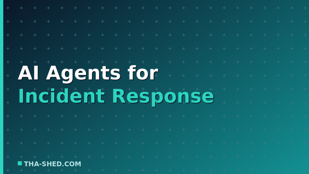 AI agents for incident response, dark navy and teal Tha-Shed branded graphic with plus pattern