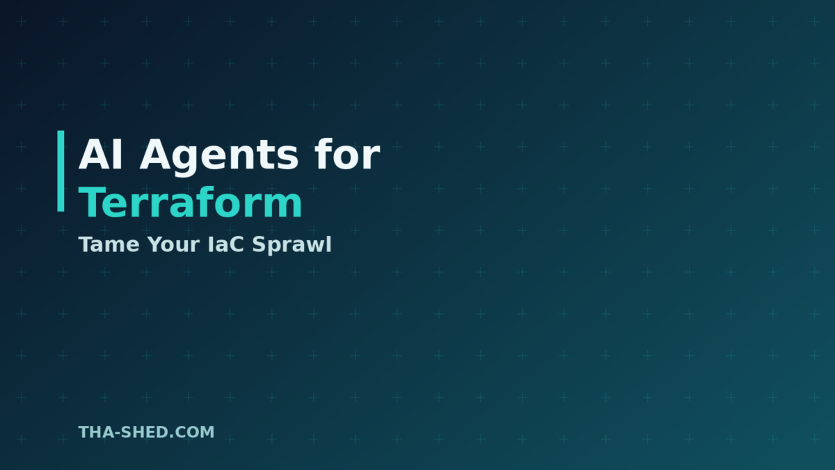 AI agents for Terraform IaC crew, dark navy and teal branded graphic with plus pattern