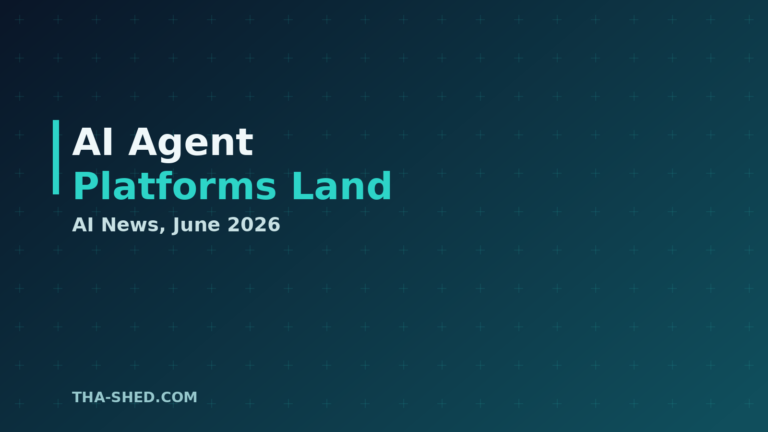 AI agent platforms news June 2026, dark navy and teal branded graphic with plus pattern
