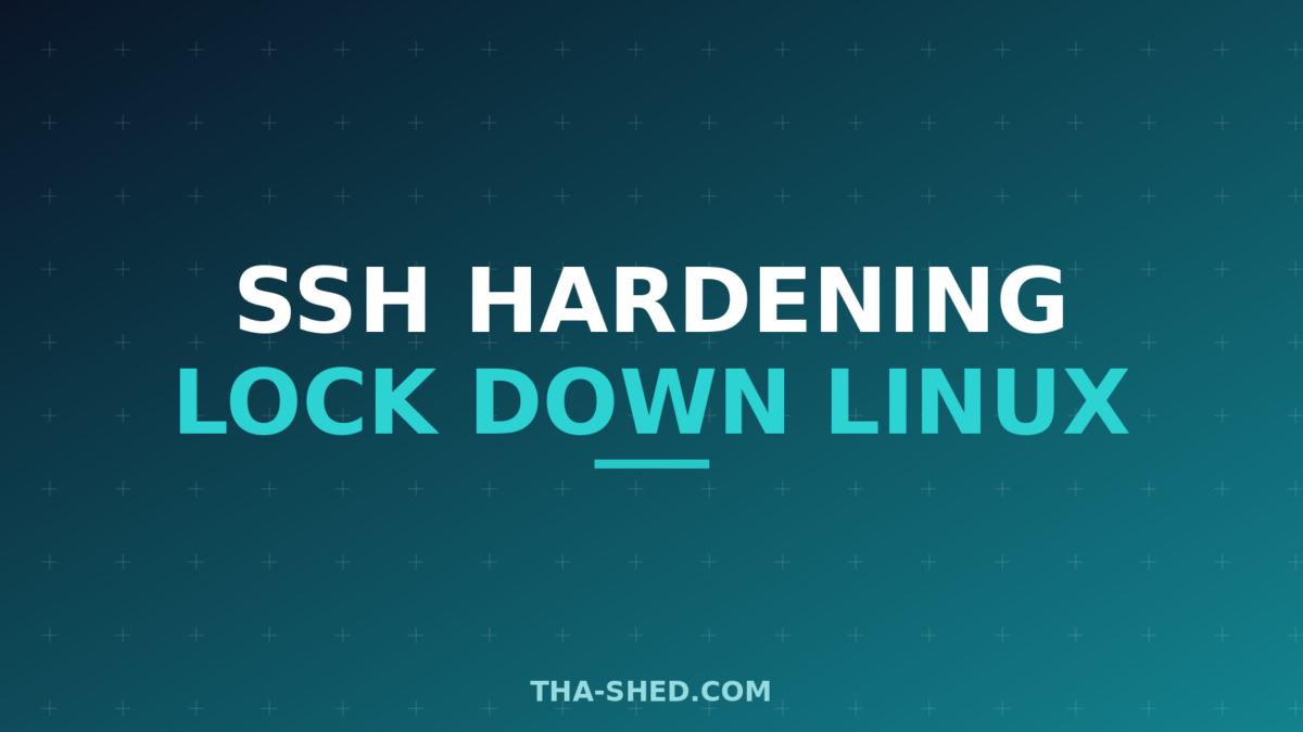 SSH hardening guide for Linux servers, dark navy and teal branded graphic with plus pattern