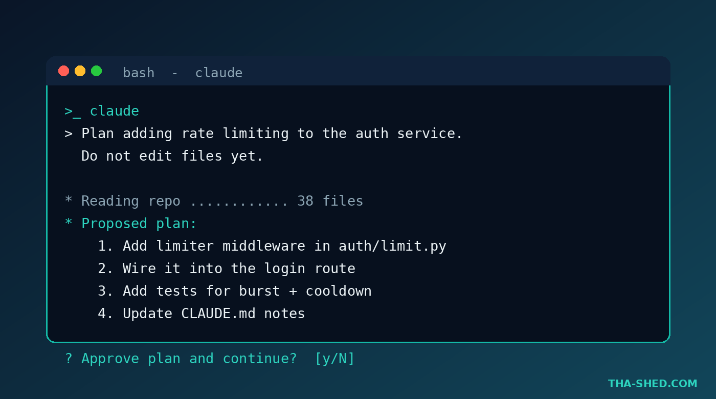 Mockup terminal session showing Claude Code planning a task with example data