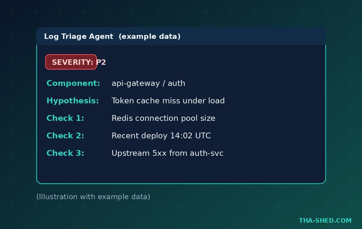 Flowise log triage agent output illustration with example severity and checks