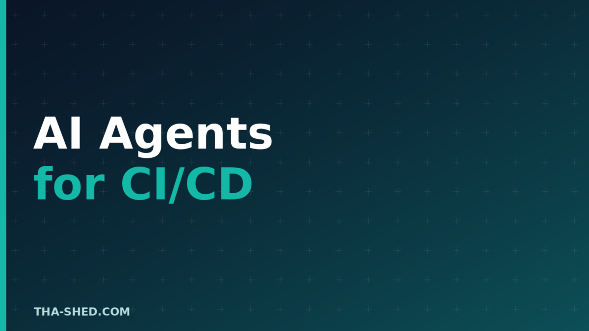 AI agents for CI/CD pipeline crew, dark navy and teal branded graphic with plus pattern