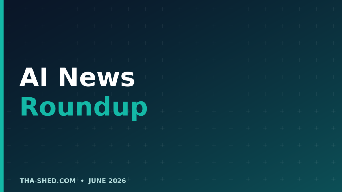 AI news roundup June 2026, dark navy and teal branded graphic with plus pattern