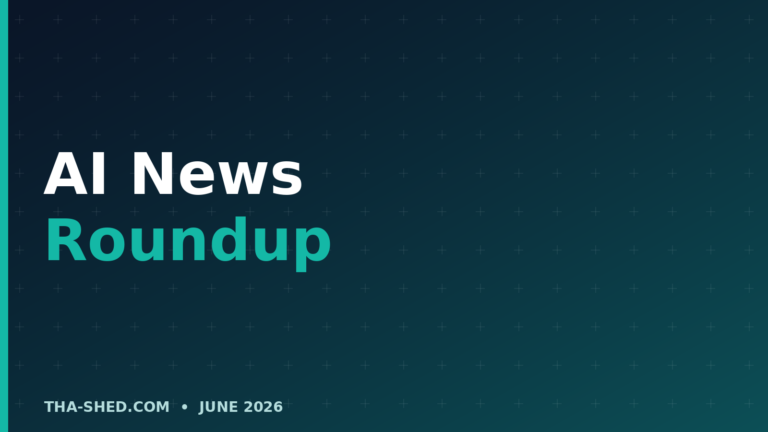 AI news roundup June 2026, dark navy and teal branded graphic with plus pattern