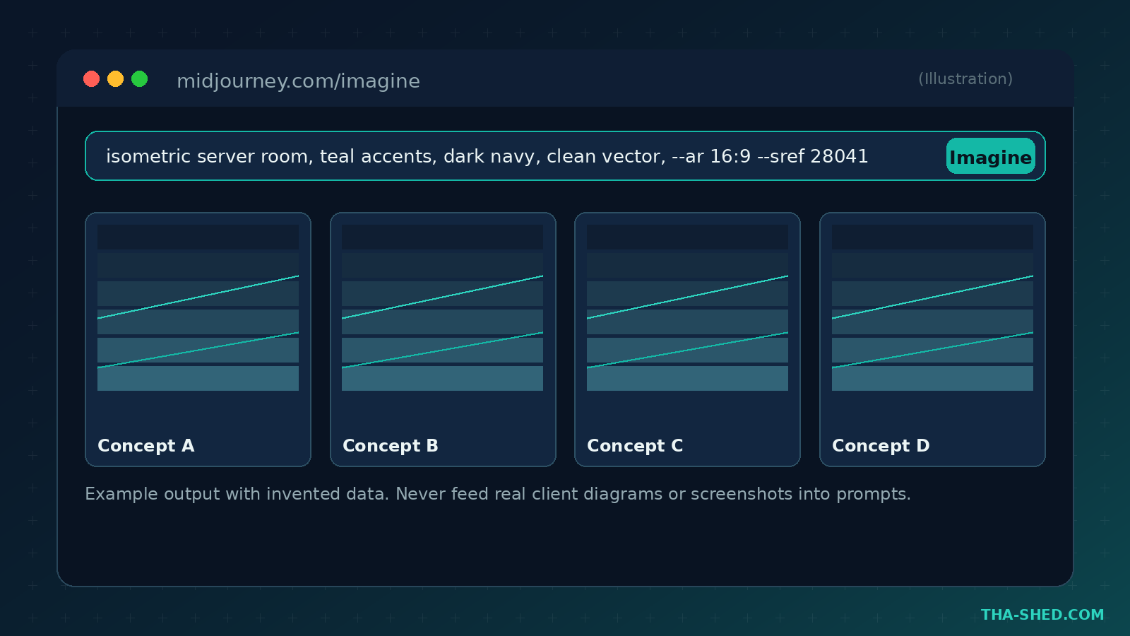 Illustration of the Midjourney web app showing a prompt and four concept results, using invented example data