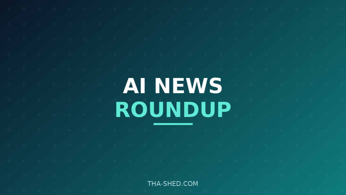 AI news roundup July 2 2026, dark navy and teal Tha-Shed branded graphic with plus pattern
