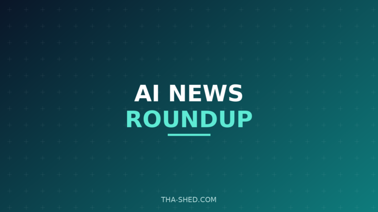 AI news roundup July 2 2026, dark navy and teal Tha-Shed branded graphic with plus pattern