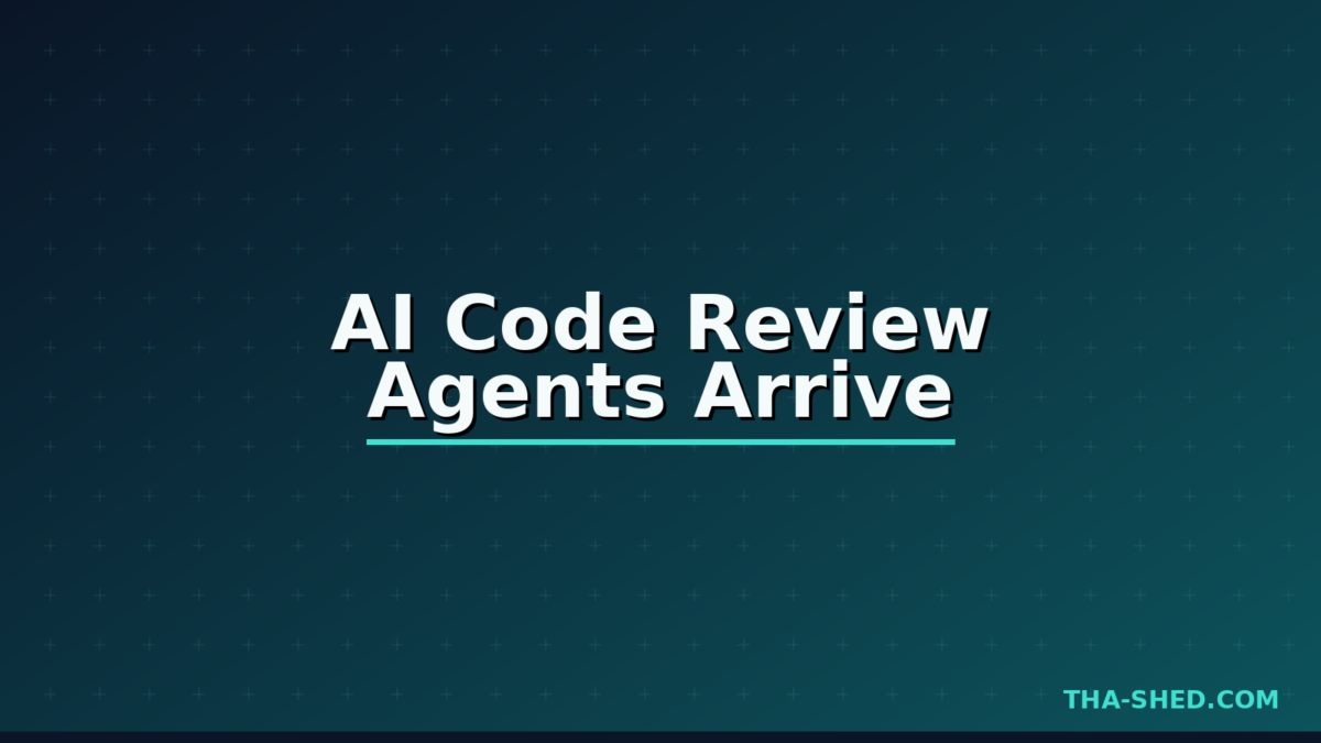 AI code review agent flagging issues in a pull request, dark navy and teal Tha-Shed branded graphic