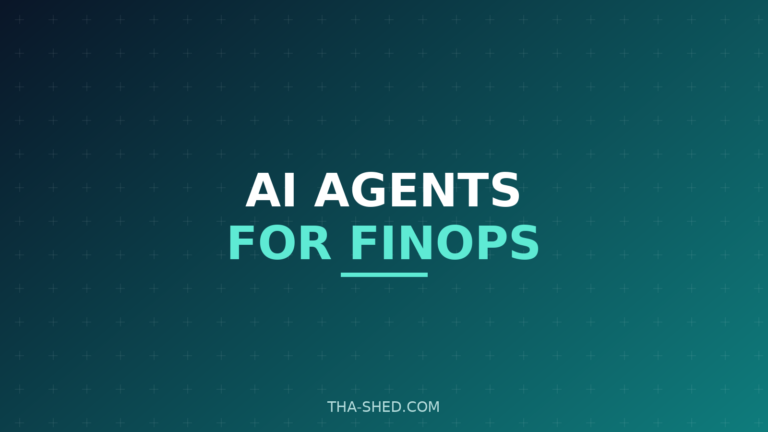 AI agents for FinOps, dark navy and teal Tha-Shed branded graphic with plus pattern