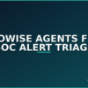 Flowise AI agent workflow for SOC alert triage, dark navy and teal Tha-Shed branded graphic