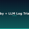 Ruby script using an LLM API to triage application logs, dark navy and teal Tha-Shed branded graphic