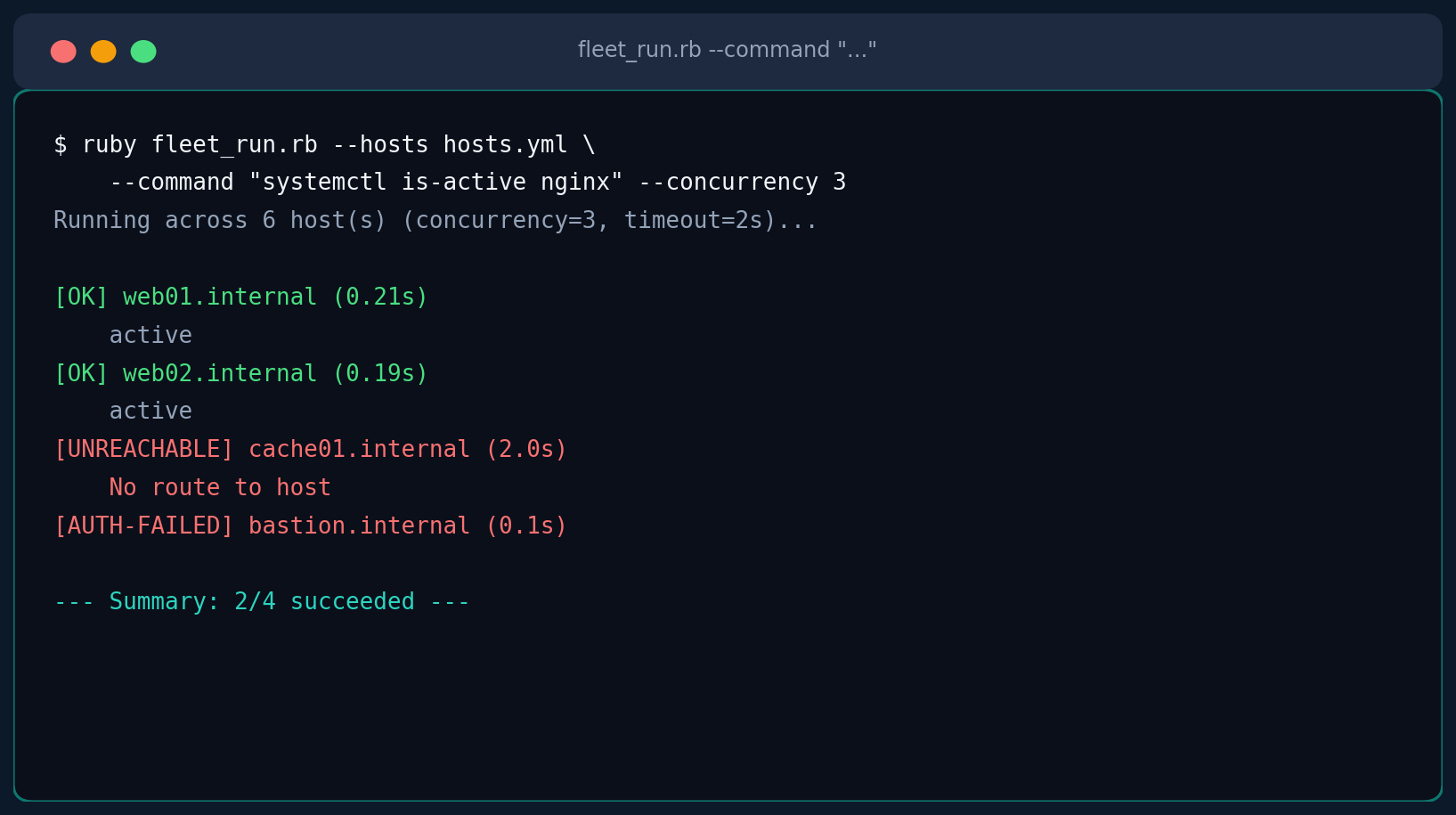 Terminal output of fleet_run.rb showing OK, unreachable, and auth-failed hosts