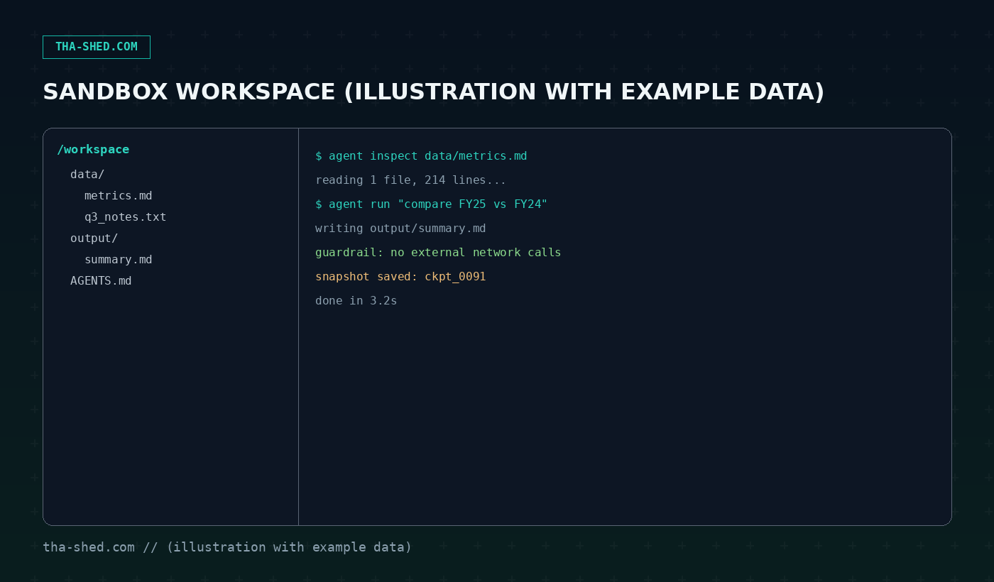 Illustration with example data: sandbox workspace file tree and terminal log for an OpenAI Agents SDK sandbox agent