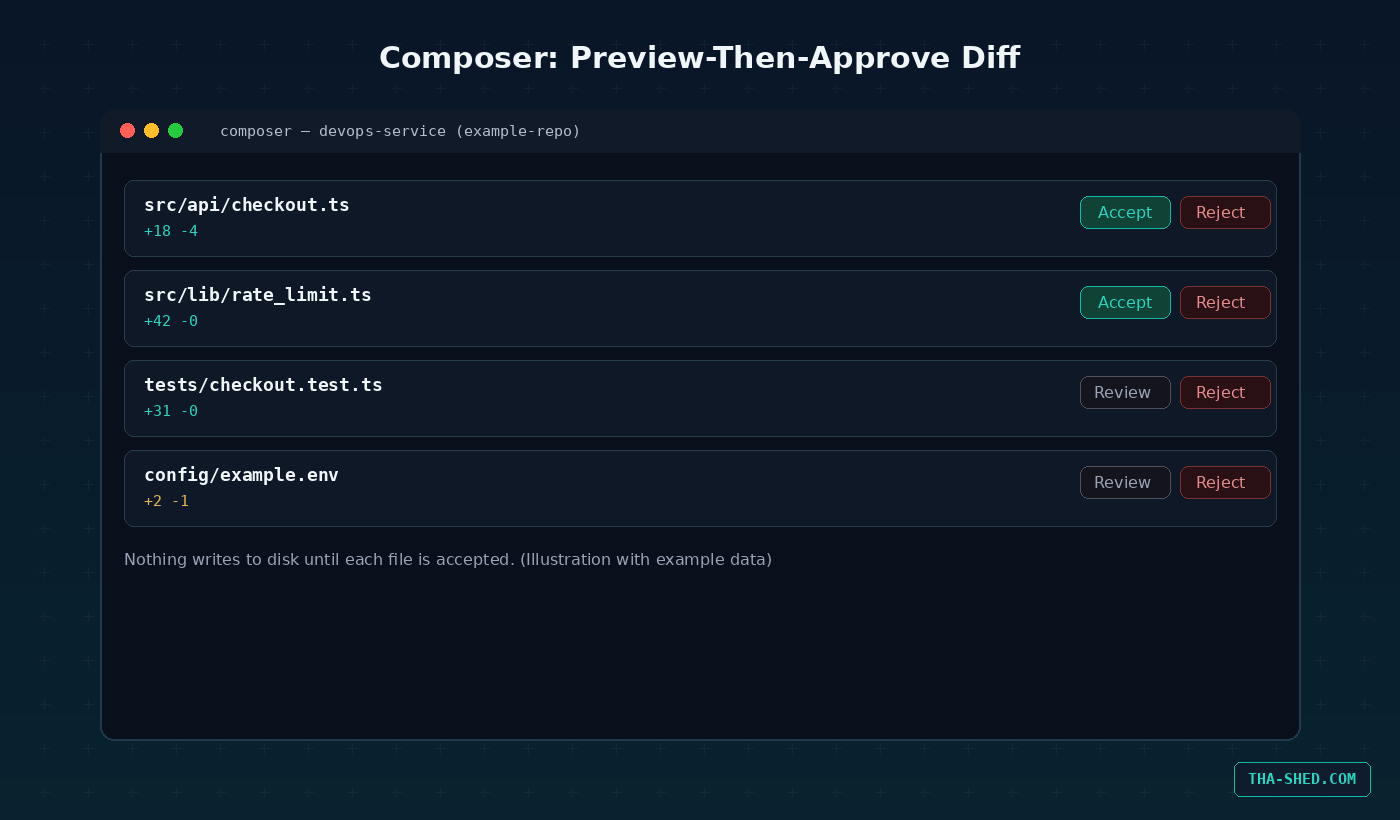 Mockup of Cursor Composer showing a preview-then-approve multi-file diff, illustration with example data