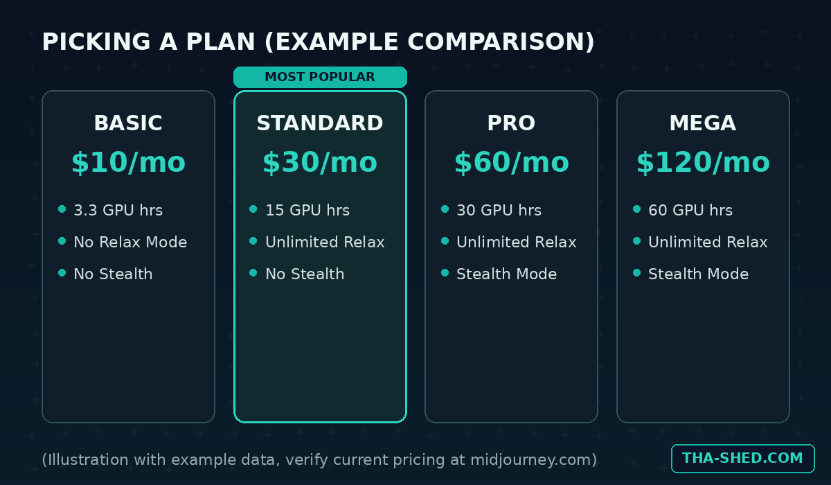 Illustration comparing example Midjourney plan tiers with generic sample figures