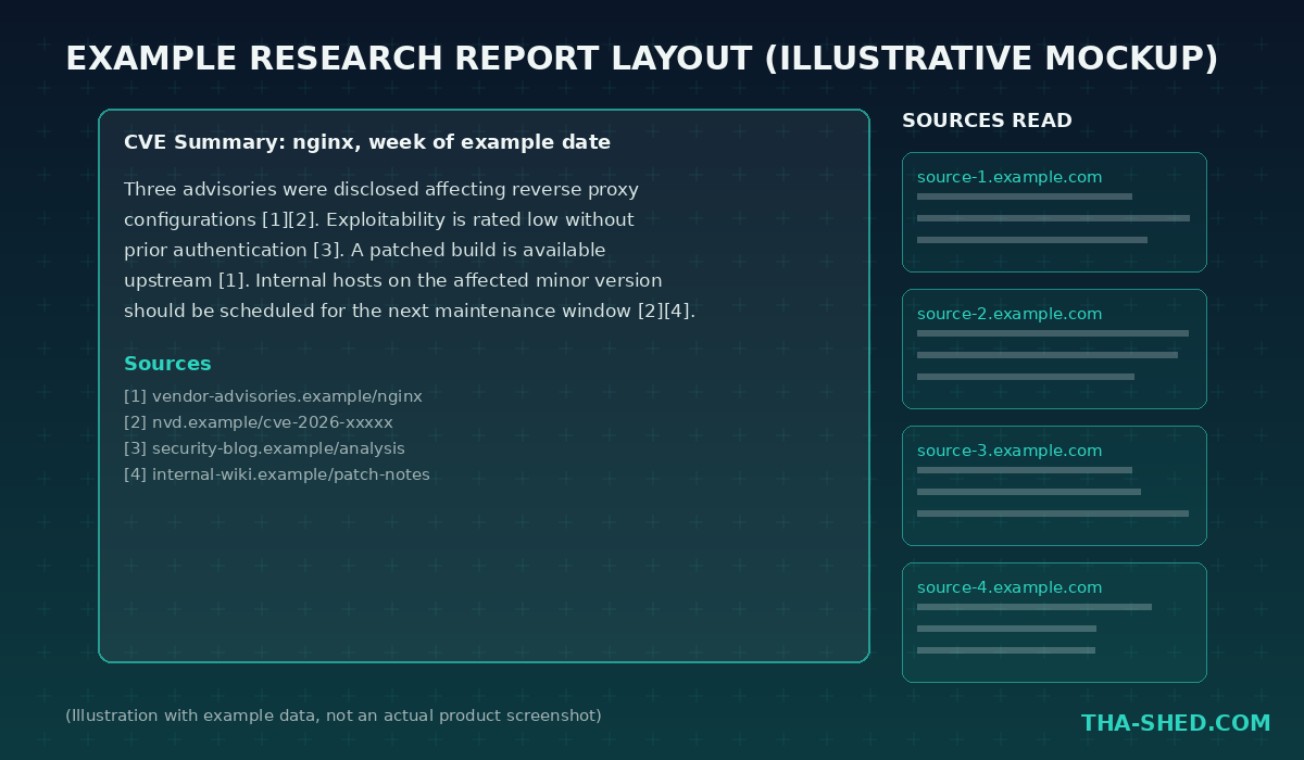 Example CVE research report layout with a cited summary and a sources-read sidebar, illustration with example data