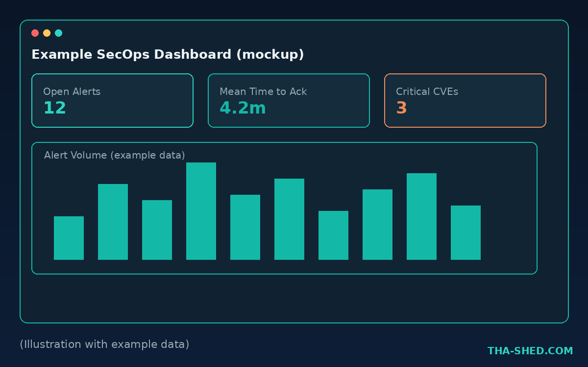Mockup of a SecOps dashboard concept with alert cards and a bar chart, illustration with example data