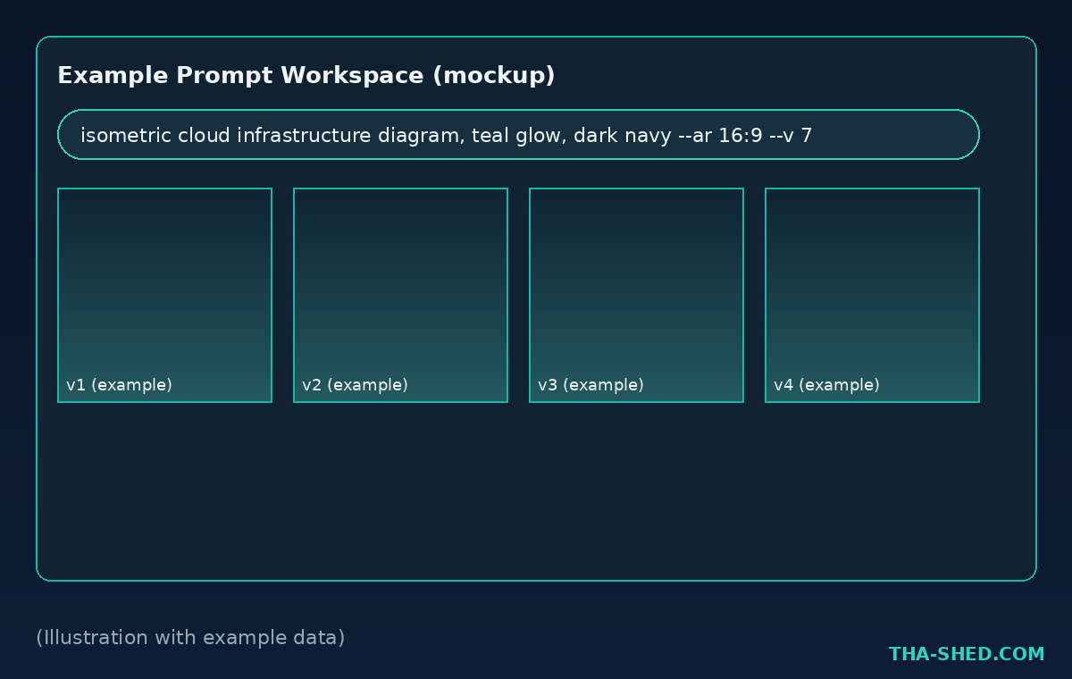 Mockup of a Midjourney prompt workspace showing a prompt bar and four generated image variations, illustration with example data