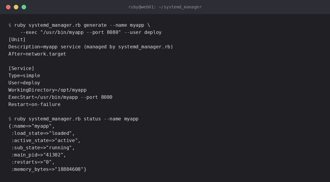 Terminal output showing systemd_manager.rb generate and status commands