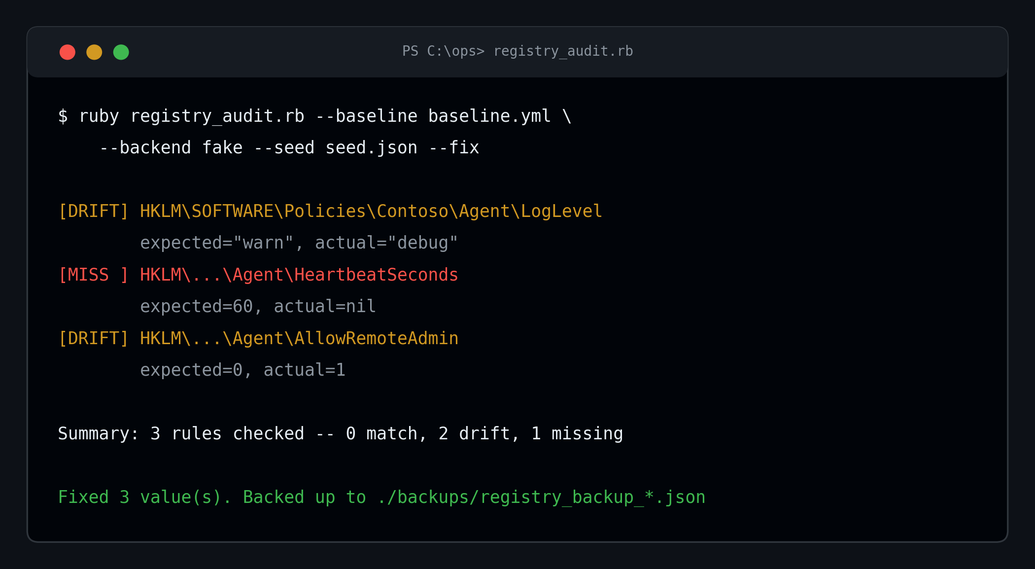 Terminal output of registry_audit.rb detecting drift and applying a guarded fix
