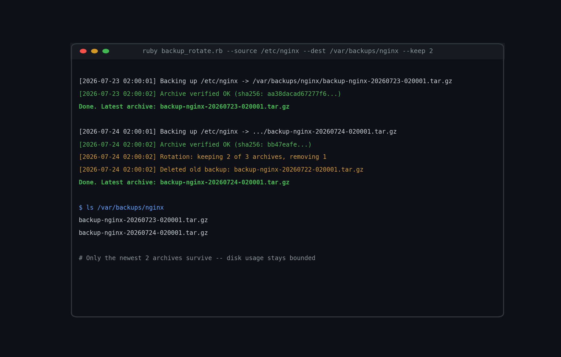 Terminal output showing two successive backup_rotate.rb runs, with the second run rotating out the oldest archive to stay within the keep count