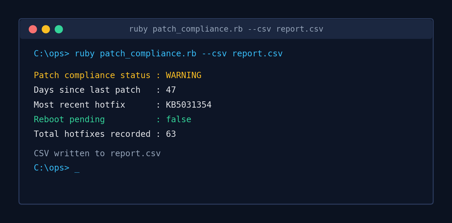 Terminal output of ruby patch_compliance.rb showing a WARNING status, 47 days since last patch, and a CSV export message