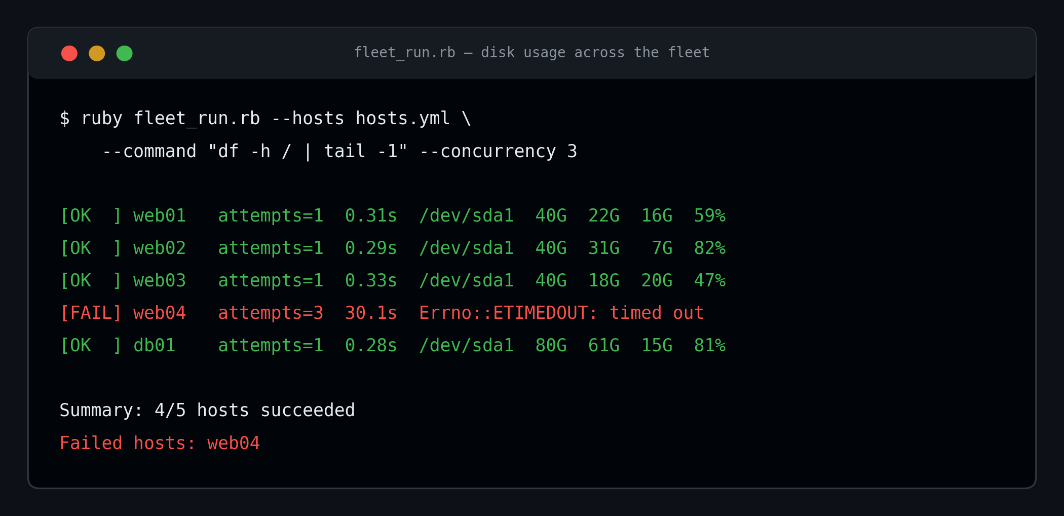 Terminal output of fleet_run.rb running a disk-usage check across five hosts, one of which fails