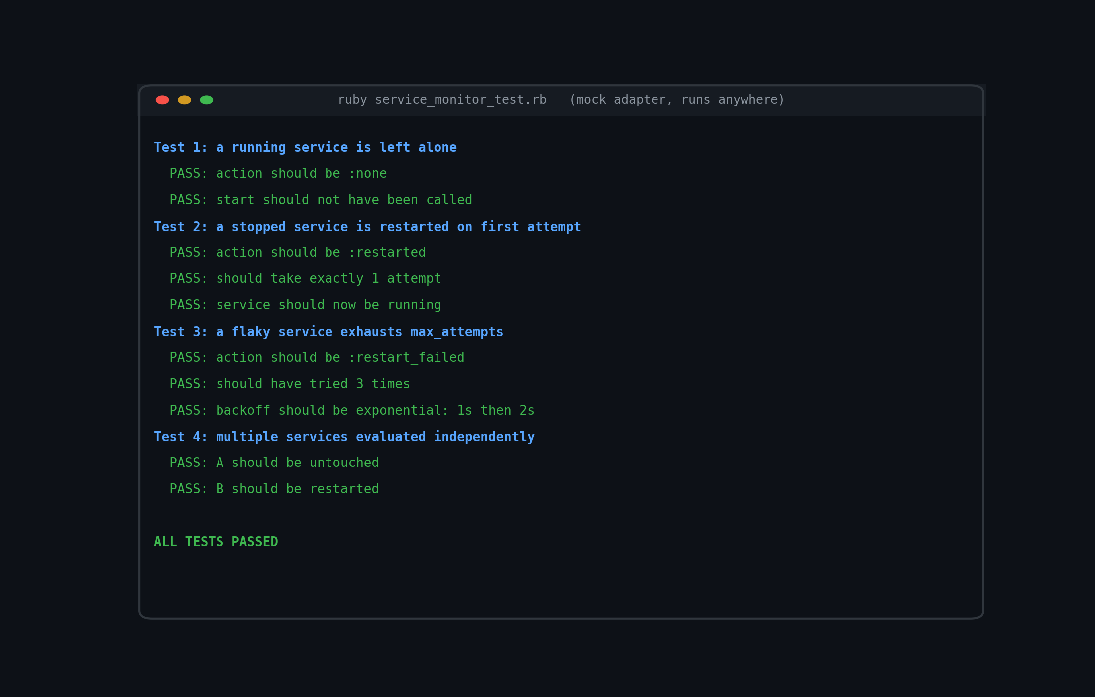 Terminal output of running service_monitor_test.rb showing all four test scenarios passing using the mock adapter