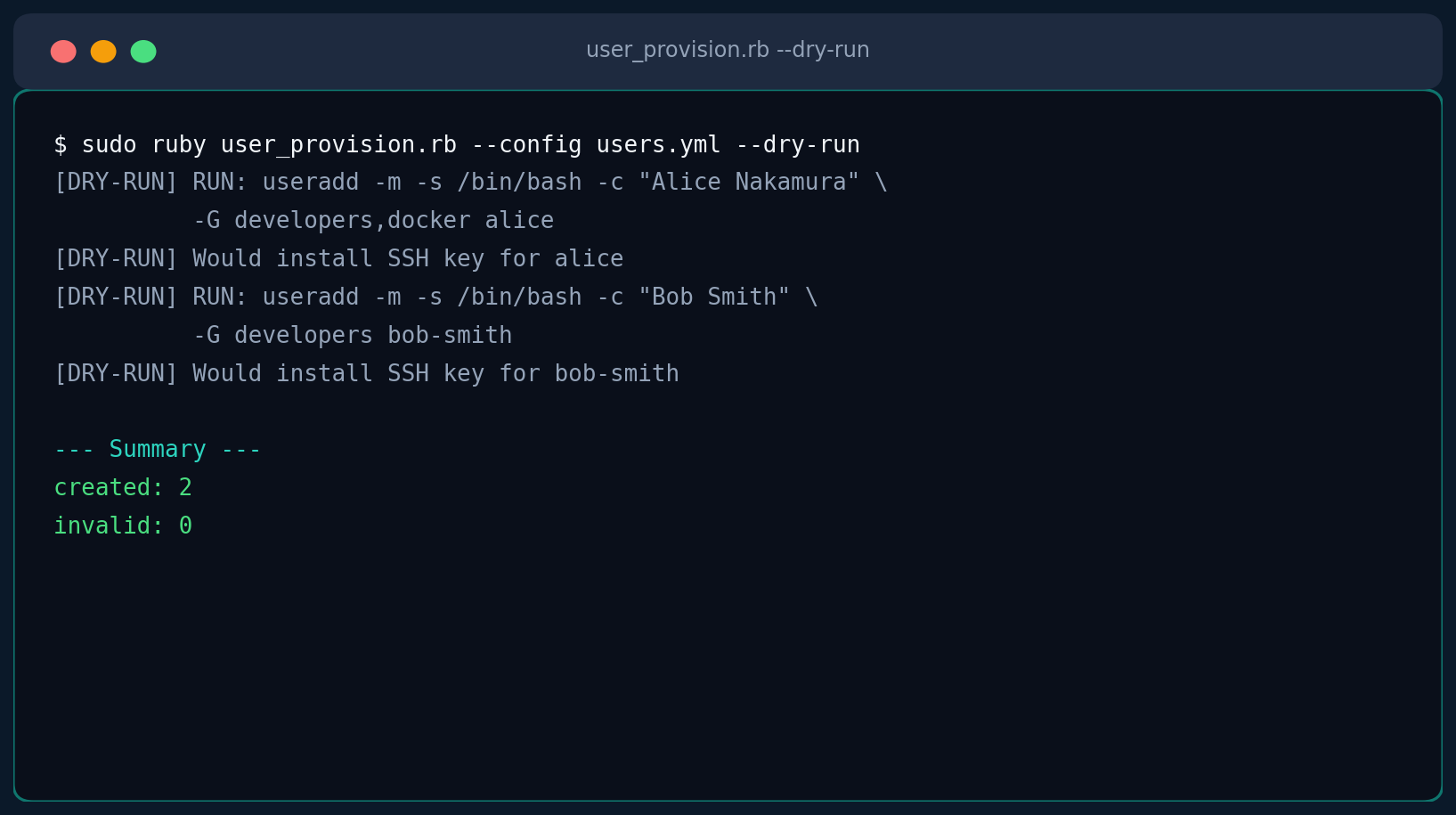 Terminal output of user_provision.rb running in dry-run mode