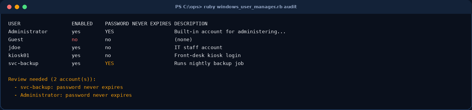 Terminal output of windows_user_manager.rb audit, listing five local accounts and flagging two for review
